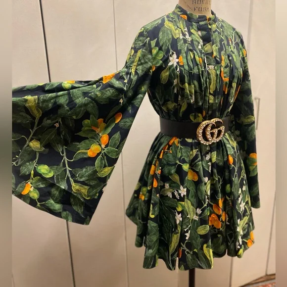 Oscar de la Renta Green Floral Pintuck Fortunella Mini Dress